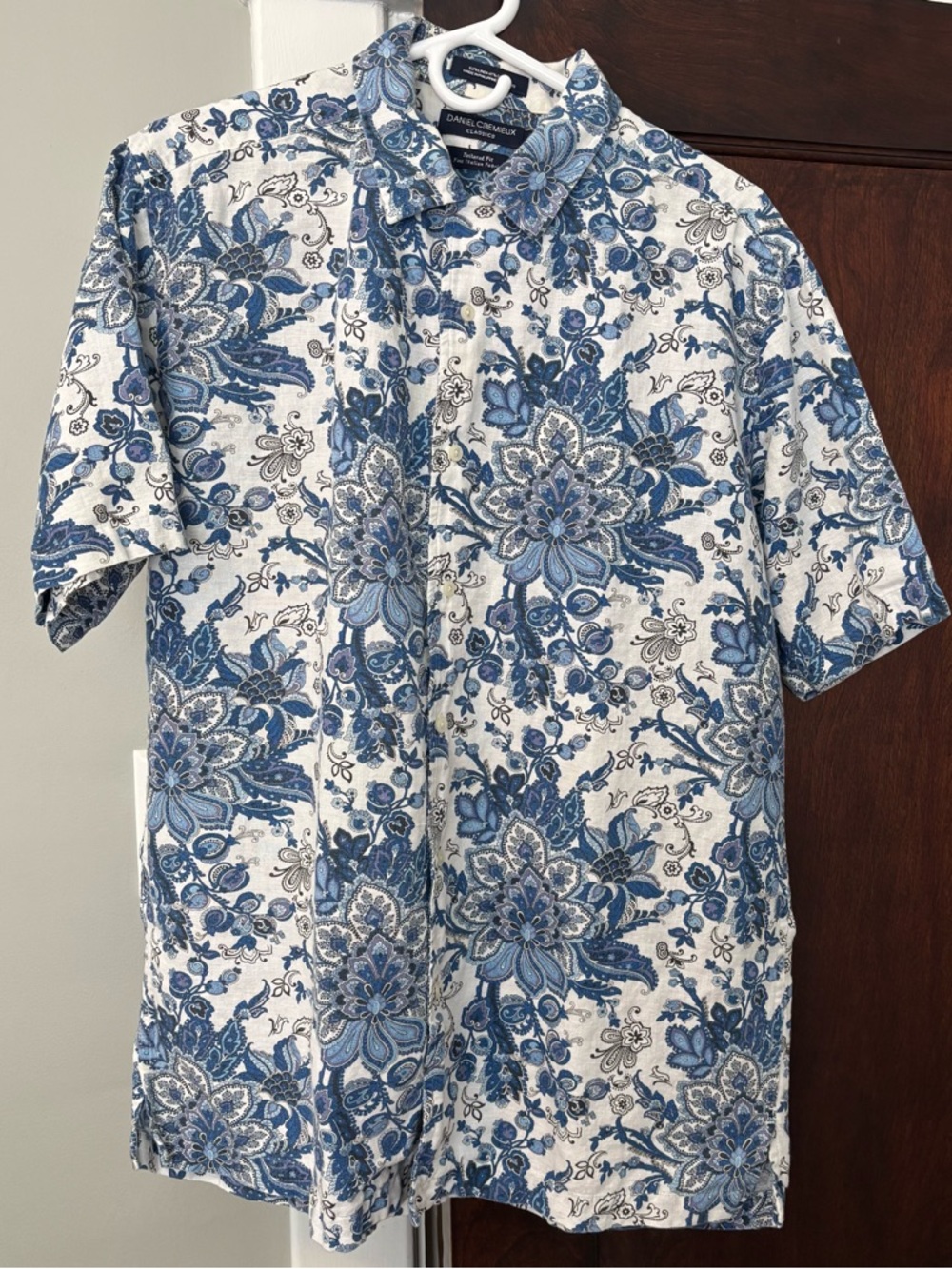 Daniel Cremieux Linen Cotton Floral Shirt Medium Button-up Resort Beach Blue